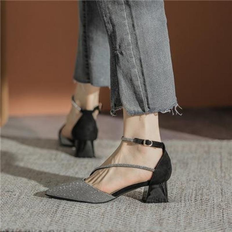 

Coarse heel high heels women s new spring and autumn versatile pointed one-word buckle with rhinestones with skirt medium heel single shoes 40