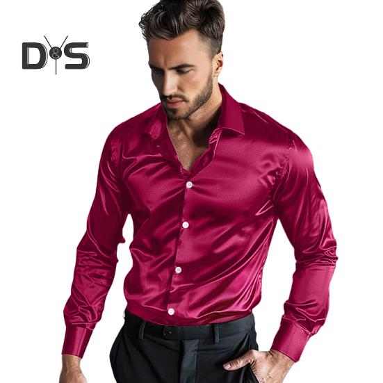 

Мужская атласная глянцевая рубашка, однотонная, с длинным рукавом, гладкая, с отворотом, на пуговицах, деловая рубашка для офиса, свадьбы, вечеринки M вино красного