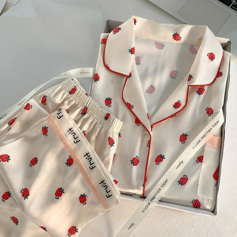 Sweet And Cute Strawberry Print Girl Can Wear Short Sleeves And Trousers Loungewear Can Wear Women Outside