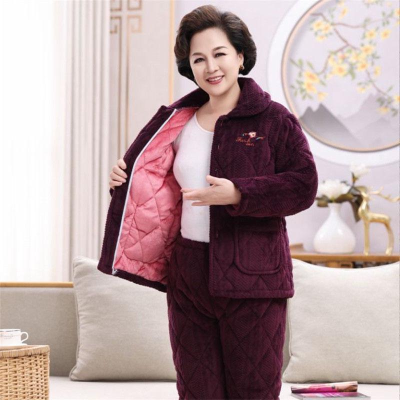 Three-Layer Fleece-Lined Quilted Winter Pajama Set for Elderly Women - Warm Coral Fleece Home Wear & Outerwear