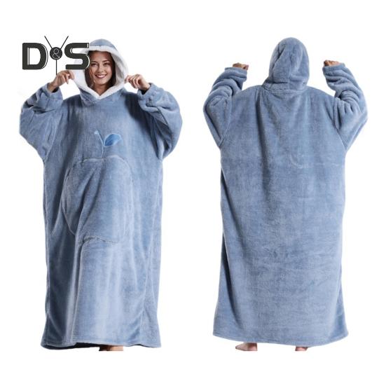 Winter Wearable Blanket Bathrobe with Big Pocket Thick Double-sided Fleece Loose Long Sleeves Pajamas Heat Retention Full Protection Home Lazy Sleeve