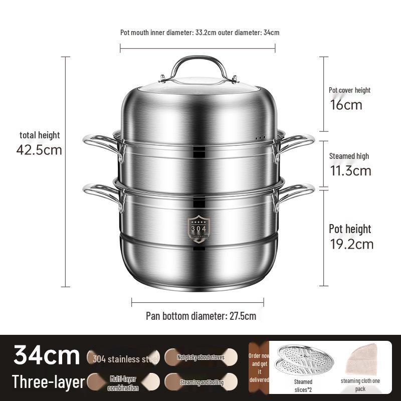 Three-Layer Multi-Functional 304 Stainless Steel Steamer Pot with Large Capacity for Steaming and Boiling