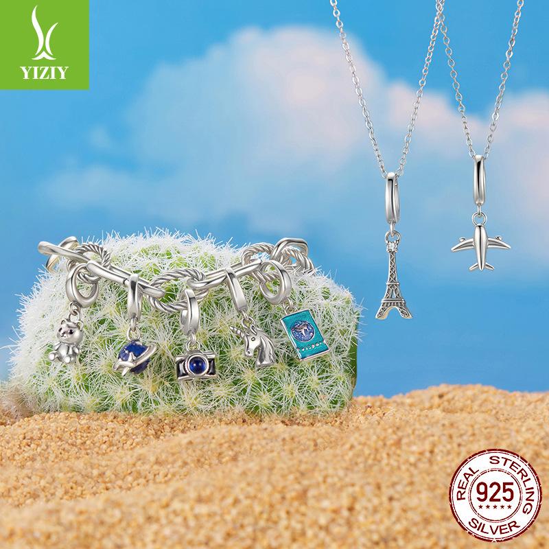 Ouvrir Et Fermer Avion Global Tour Eiffel Voyage Pendentif Argent Sterling S925 Créatif Polyvalent Bijou DIY