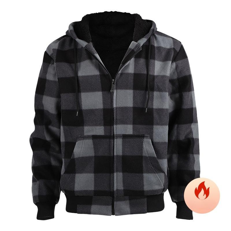 Warm Thick Fleece Plaid Shirt Jacket for Men Winter Sherpa Lined Hoodie Flannel Shirts Coat with Pockets Men's Windproof Zip Up Jackets with Hood