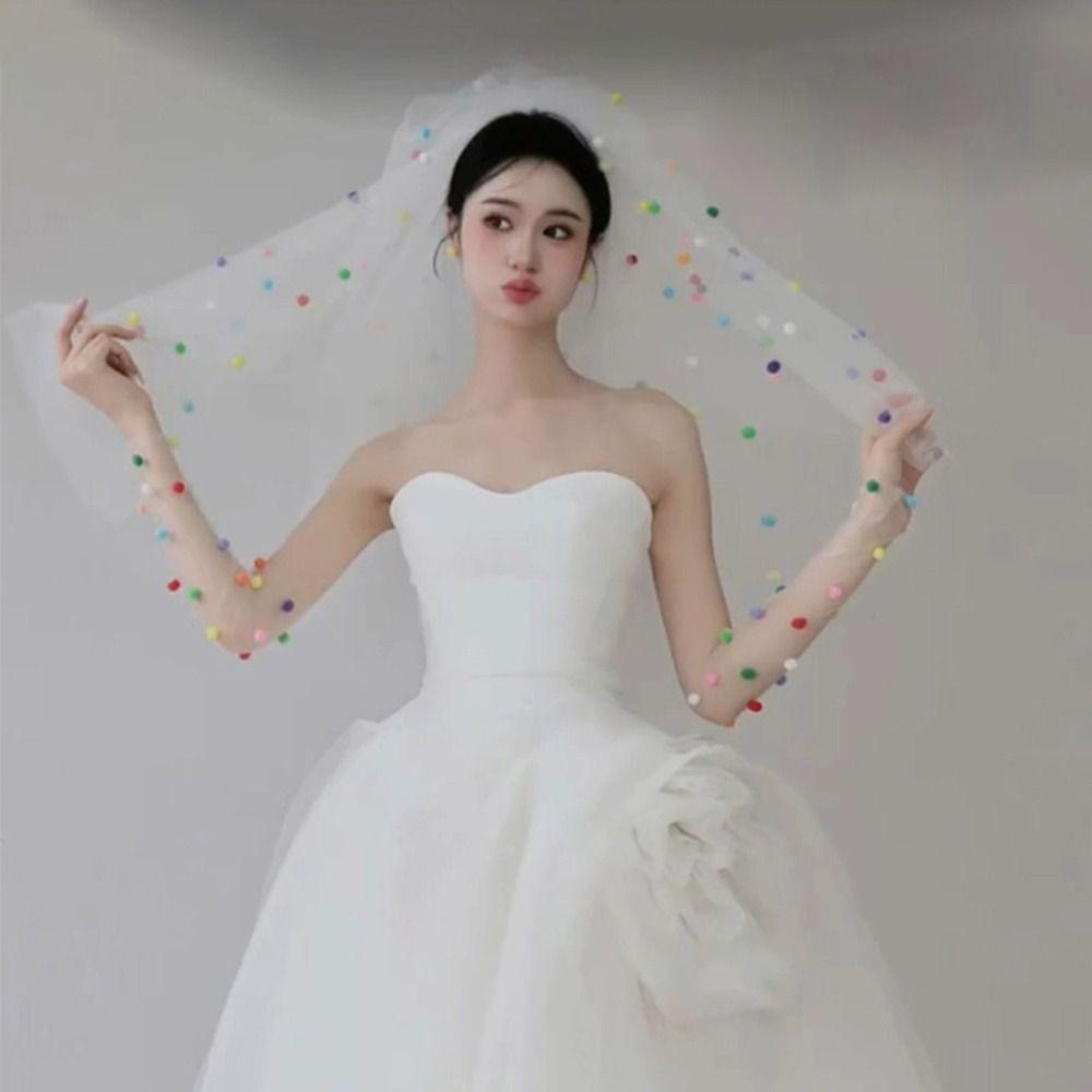 Photo Props Pompom Mesh Tulle with Clip Gloves New White Veil