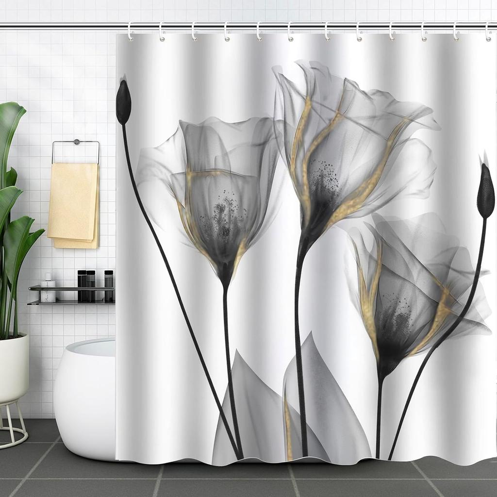 Grey Floral Shower Curtain Watercolor Tulip Flower Shower Curtains For Bathroom Waterproof Polyester Fabric Bathroom Curtain