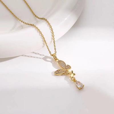 Lightweight Titanium Steel Butterfly Clavicle Necklace with Zirconia Tassel for Women
