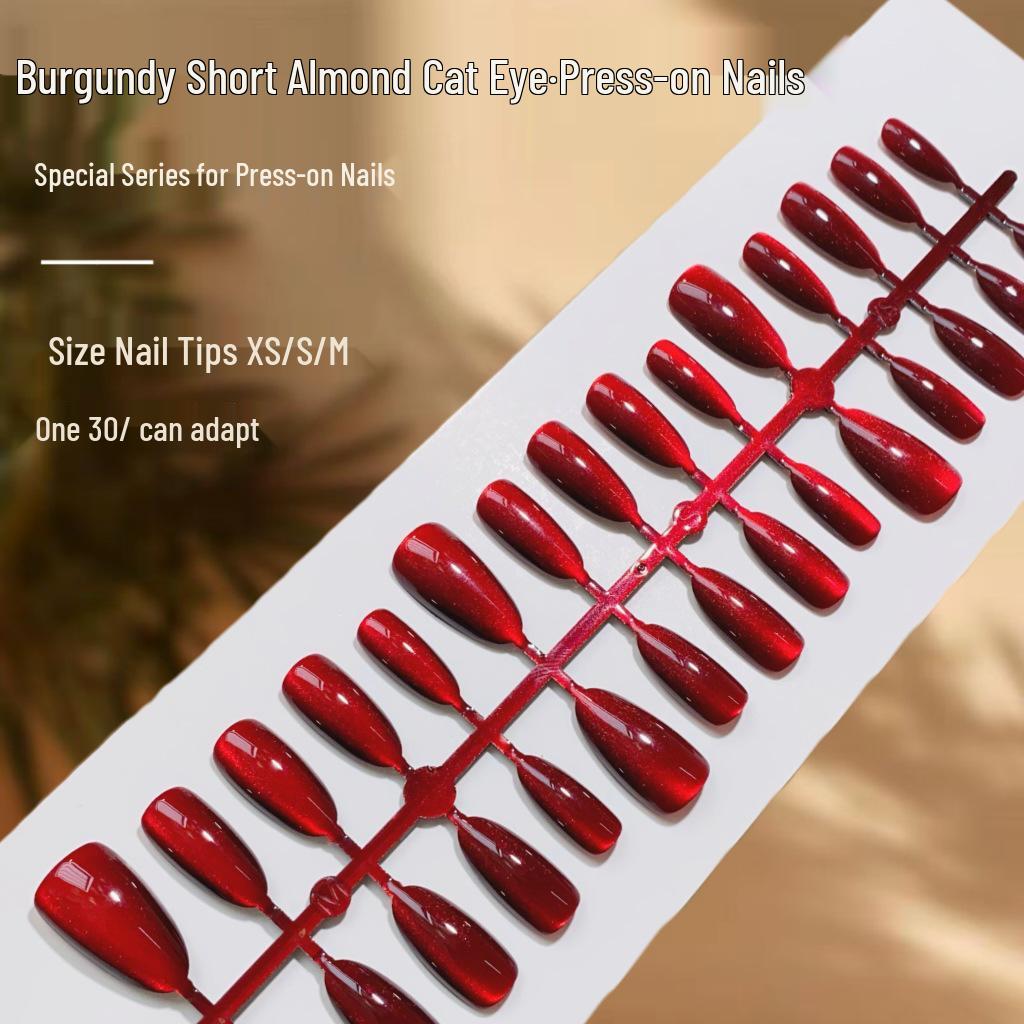 

Solid Cherry Red Almond Cat Eye Wearable Short Nails