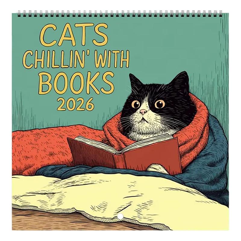 Cats Chillin' With Books 2026 Wall Calendar, Cat-Themed Monthly Planner, Cat-Themed Illustrations, Cat Themed Monthly Planner