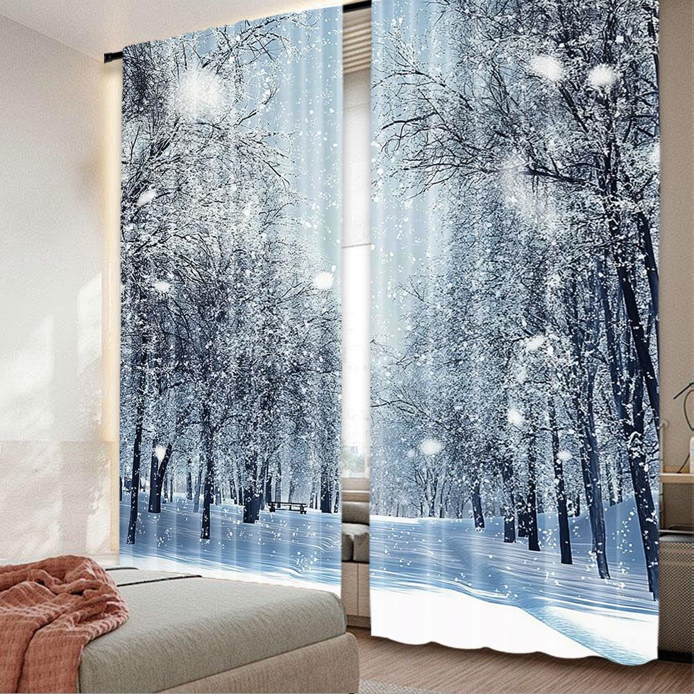 2Pcs Forest Curtains Snowy Trees Of The Farmhouse Wildlife Scenery In Frosty Winter Park Living Room Bedroom Window Drapes