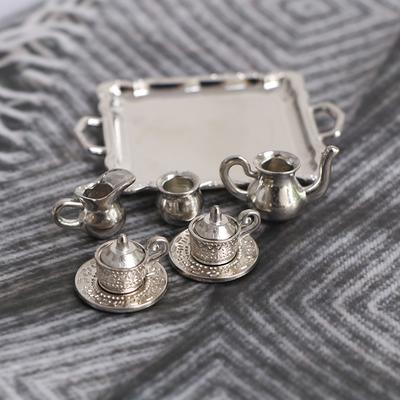 Set de 10 bucăți 1/12 pentru casă de păpuși în miniatură, metal argintiu, tavă pentru ceai și cafea
