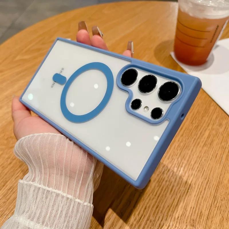 Frosted Frame Magnetic Magsafe Cases For Samsung GalaxyS25 S24 S23 S22 Ultra Wireless Charging Acrylic Bumper Cell Phone Cover