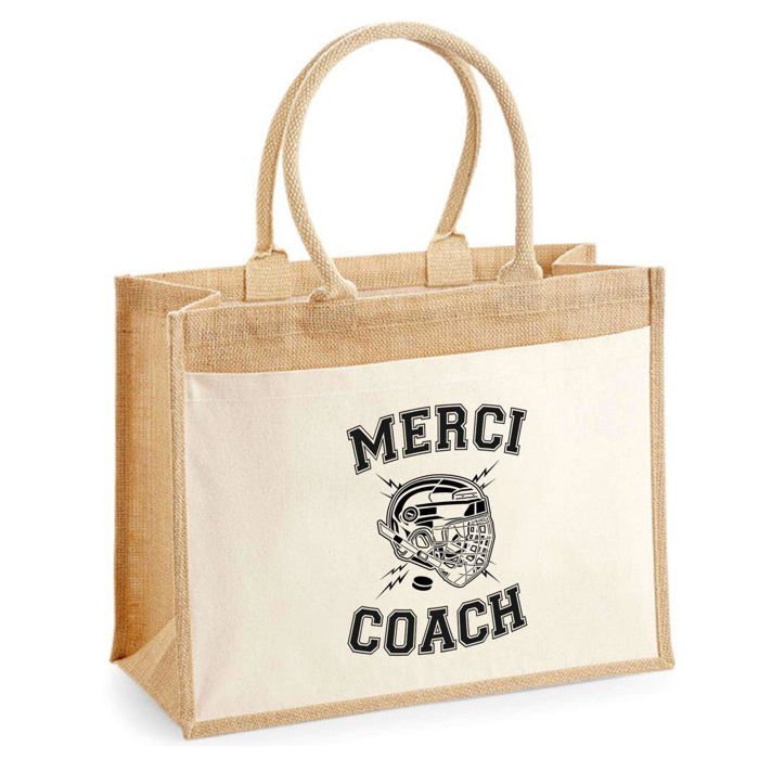 Sac de plage - PLANETEE - Merci Coach Hockey - Coton naturel - Beige - Poche & grande contenance