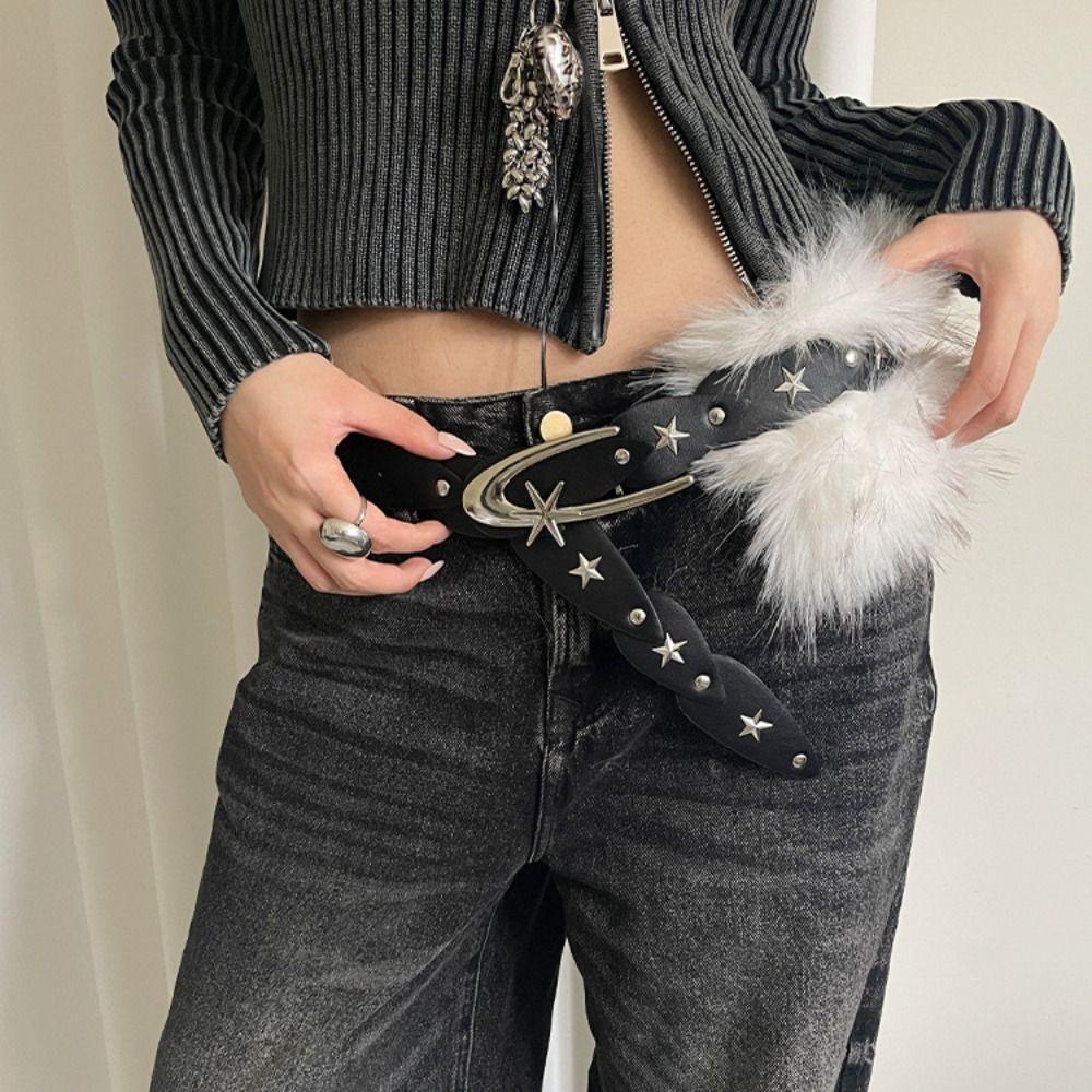 Y2K Plush Furry Splicing Belt Punk Star Rivet Belt Vintage Faux Fur Belts  Women Fashion