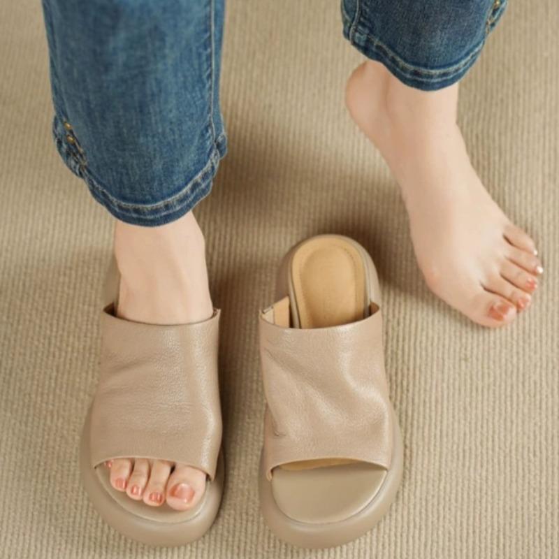 Retro Super Soft Leather Lazy Flip Slippers for Women in Summer Wear New Round-toe Platform Soft-sole Cool Slippers