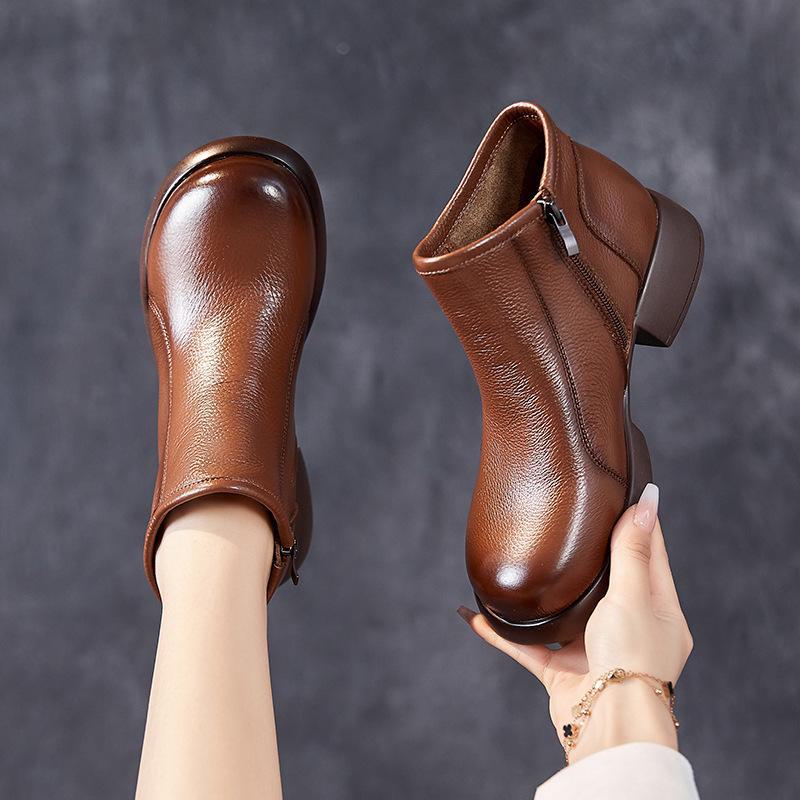 Autumn Retro Genuine Cowhide Women's Martin Boots - Thick Heel, Non-Slip, Versatile & Comfortable
