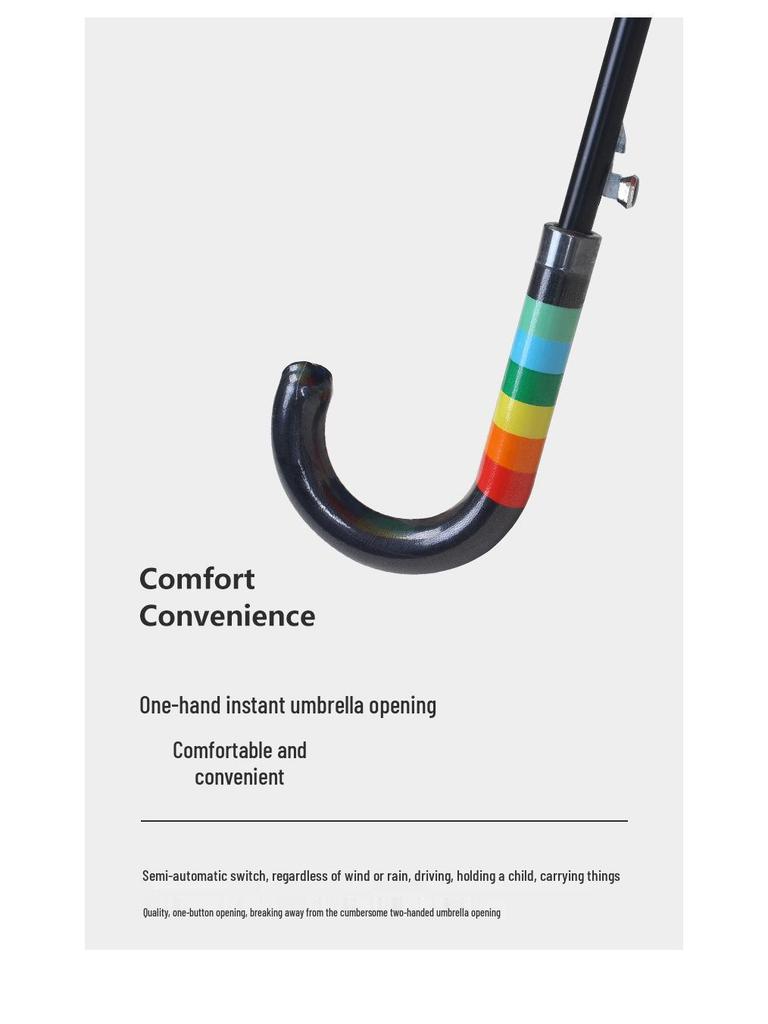 Large 16-Ribbed Rainbow Umbrella with Curved Handle and Custom Logo Option - Black Glue Coating