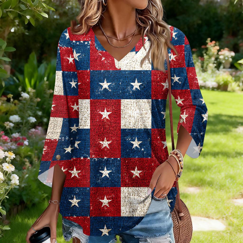 Womens Casual V Neck Three Quarter Sleeve T Shirt Top with Independence Day Inspired Print Loose Fit Lightweight Blouse for Daily Wear
