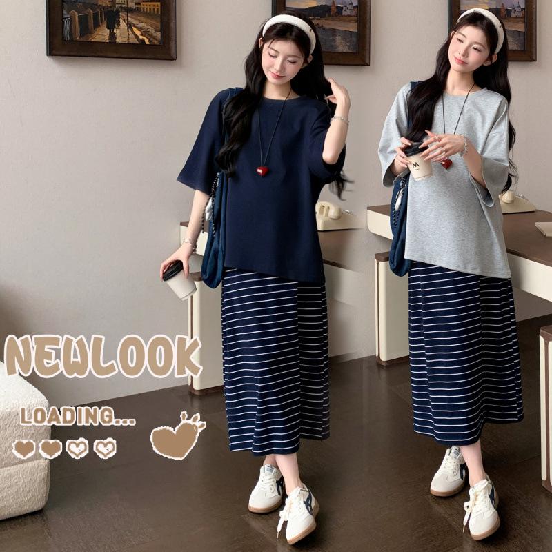 2026 Spring/Summer Maternity Set: Loose Back Tie Top + Striped Belly Support Skirt M