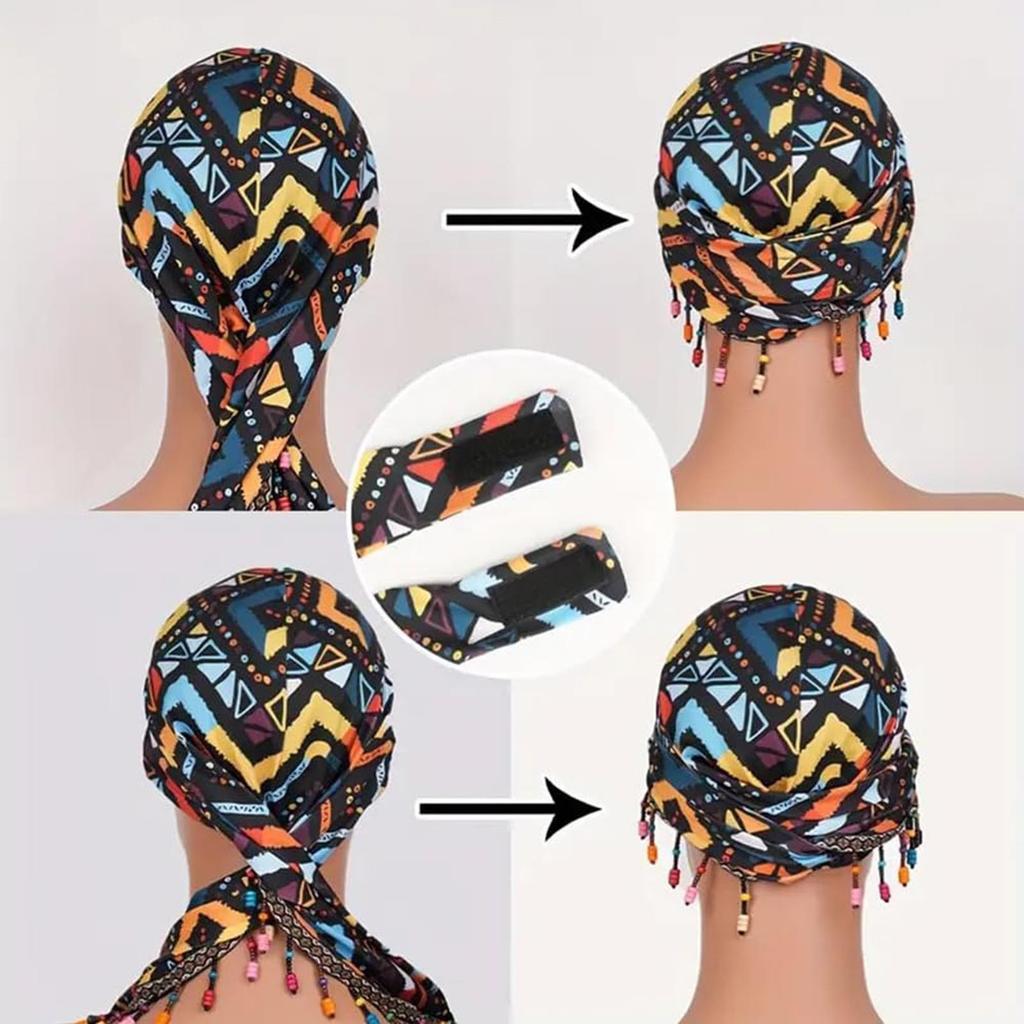 Colorful Beaded Headscarf Cap With Prickly Hair Sticker, Adjustable Pullover Cap, Printed Tail Cap, High Elasticity
