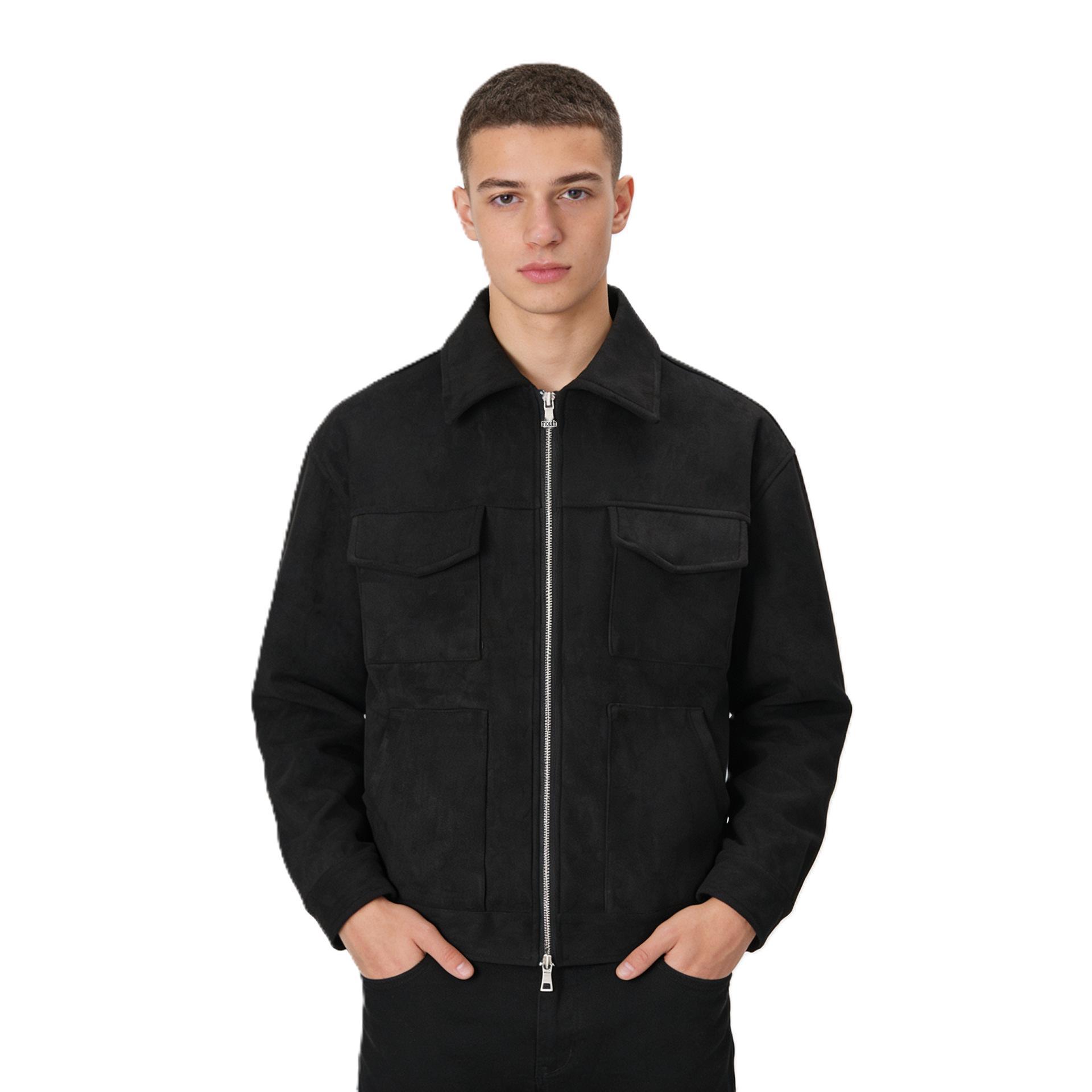 

Men s Trendy Suede Velvet Zipper Jacket with Large Pockets - Casual Lapel Design for Spring and Autumn L чорний