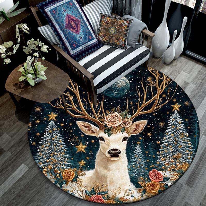 Winter Deer Round Area Rug,Carpet Rug for Living Room Bedroom Sofa Playroom Decor,Non-slip Floor Mat