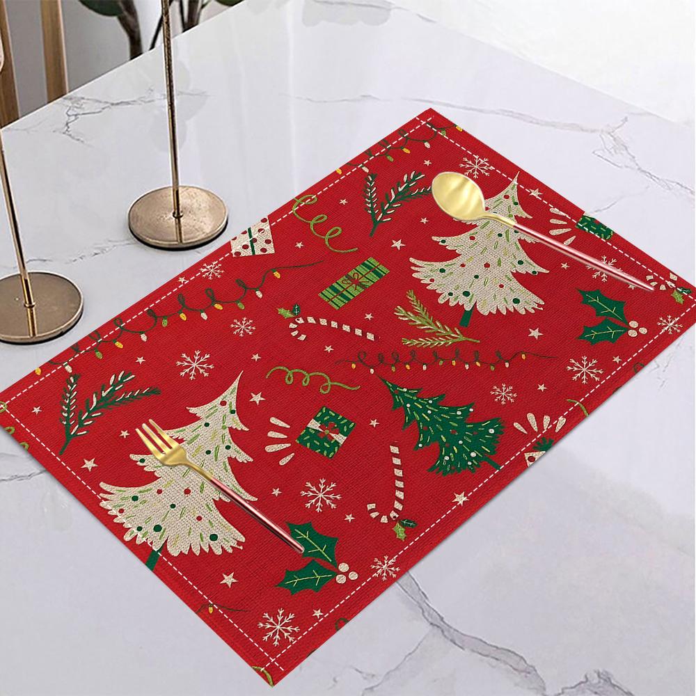 4/6/8PCS Christmas Tree Placemats Linen Non Slip Table Mats Rectangular Non Slip Dining Table for Kitchen Home Decor Essentials