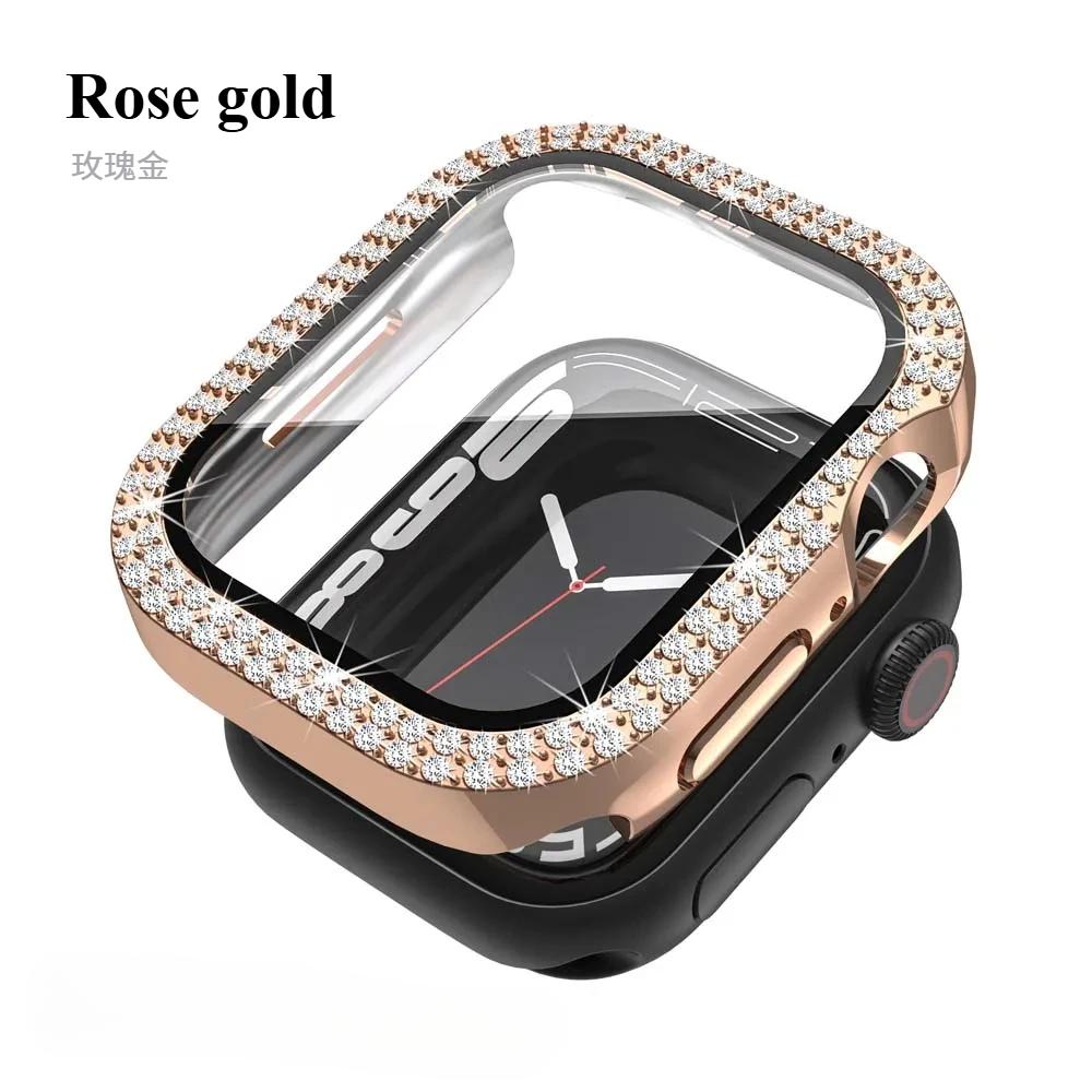 

Блестящий чехол из стекла+крышка для Apple Watch Series10 46мм, 44мм, 45мм, 41мм, 40мм, 38мм, 42мм, женский бампер с бриллиантами+защитная пленка для экрана iwatch Series 7 9 8 5 6 SE Series10 46mm розового золота