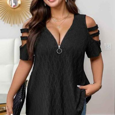Dames effen kleur off-shoulder korte mouw met rits V-hals los T-shirt