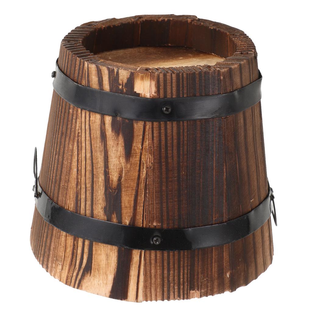Runder Holzfass-Pflanztopf Braun Flachmund -Freundlicher Blumentopf Haus Büro Garten Dekoration 12x9x10cm Rustikales Holz