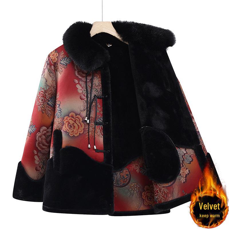 Elderly Women s Winter Coat: Fleece-Lined Cotton Jacket, Grandma Style, Thickened Mink Velvet. 5XL (150-165 jin) красный