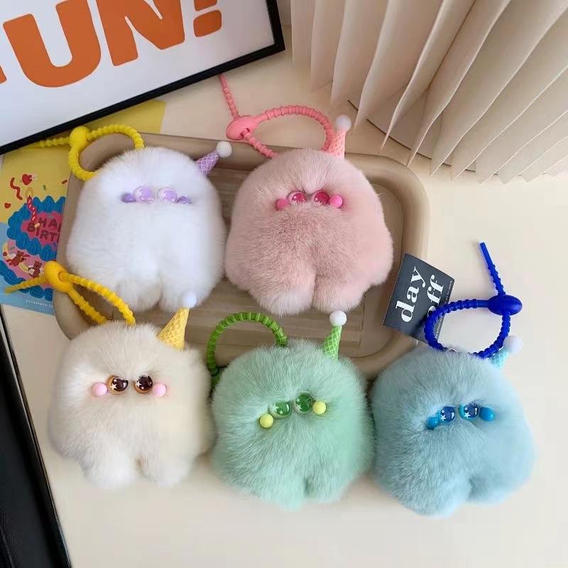 Cute Plush Car Keychain Furry Bag Charm with Ice Cream Design