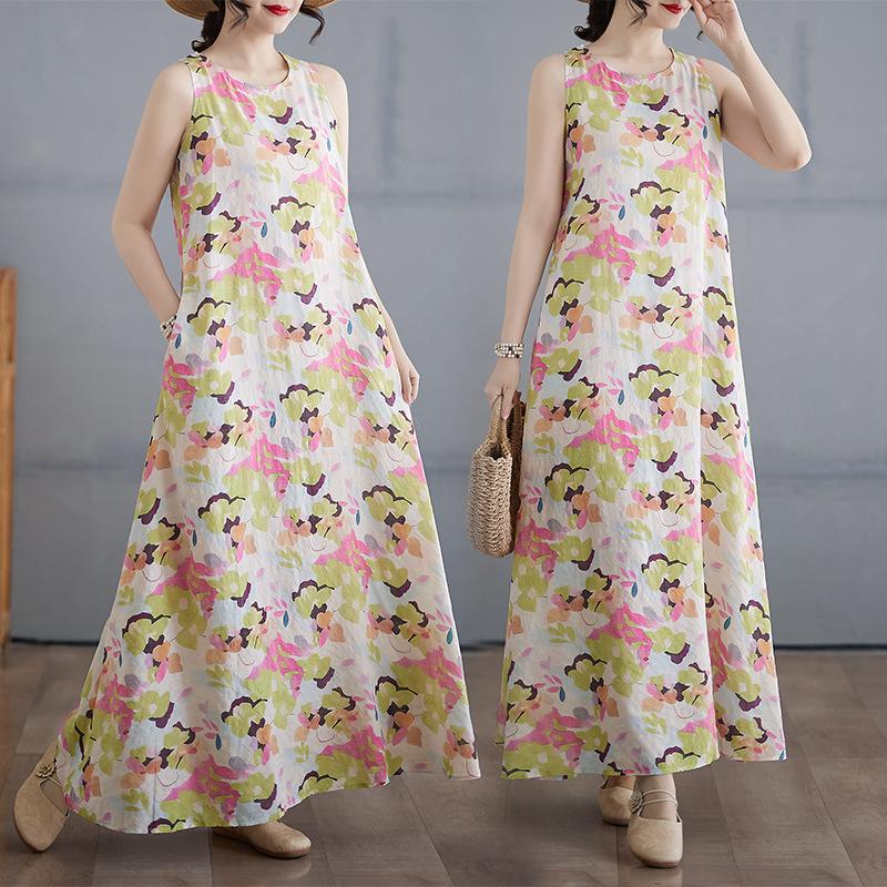Sommer Neues Künstlerisch Bedrucktes Rundhals Ärmelloses Kleid Damen