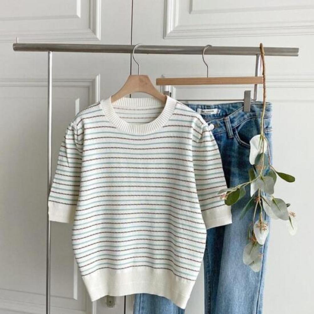 New Arrivals Open Run Women Bicolor Striped Rib Round Neck Short Sleeve Knit