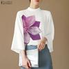 Women Stand Neck 3/4 Sleeve Floral Print Elegant Casual Blouse