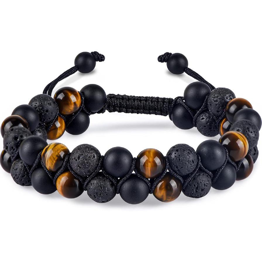 Triple Protection Bracelet for Men Women, Genuine Premium Tiger Eye Black Onyx and Lava Rock 8mm Handmade Bead Bracelet Healing Crystal Protection
