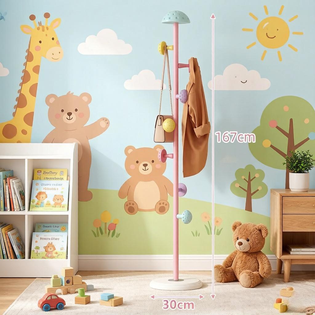 

Floor Standing Mushroom Clothes Hanger, Popular Colorful Hat Rack, Small Space Bag Holder for Girls Bedroom рожевий