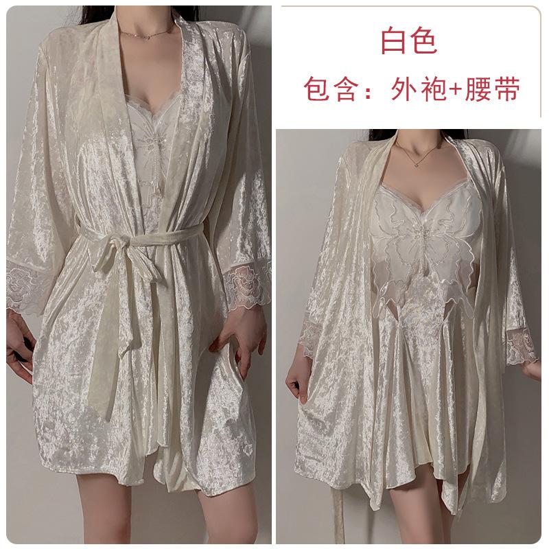 Women's Velvet Butterfly Mesh Padded Cami Sleep Dress with Robe Lounge Set