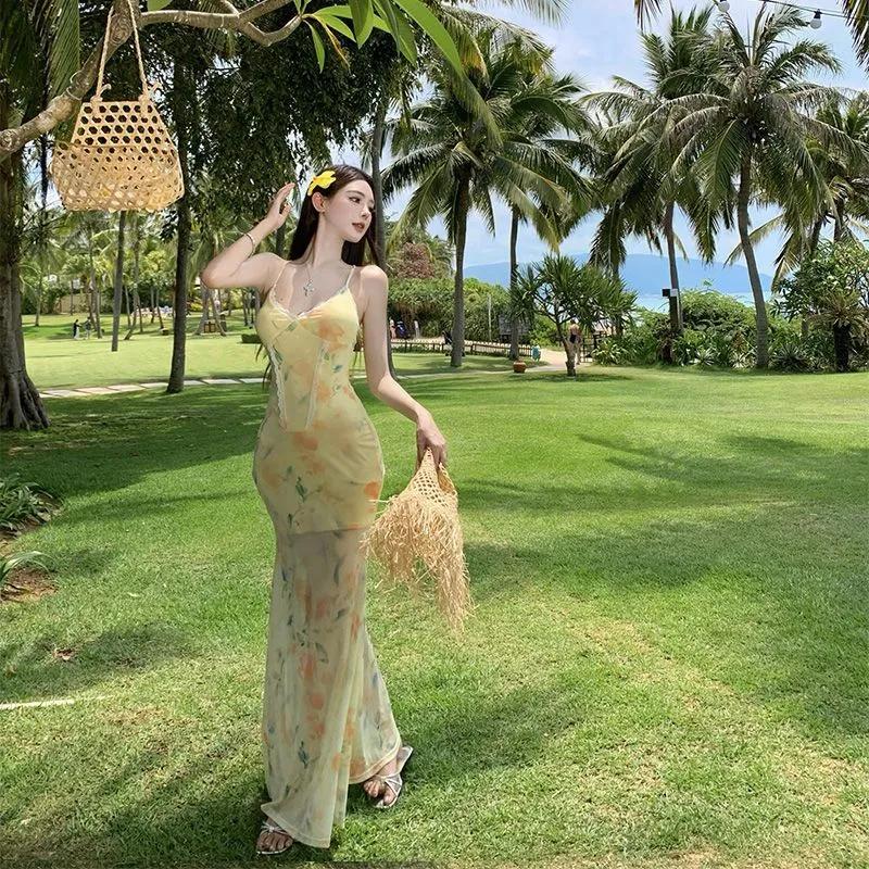 Damen Gelbes Blumenmuster Netz Maxikleid Spaghettiträger Meerjungfrauen Saum Strandpartykleid