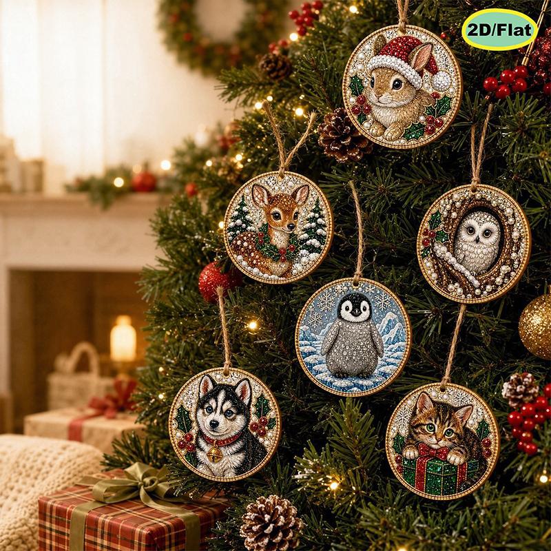 6pcs DIY Pearl Diamond Painting 2D Combination Set Animal Pattern Wooden Christmas Tree Pendant Holiday Party Artware Decoration