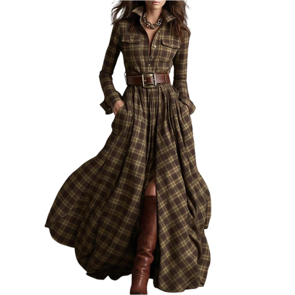 Womens Plaid Shirt Dress V,Neck Button Button Split Asymmetric Hem Checkered Maxi Dress With Pockets