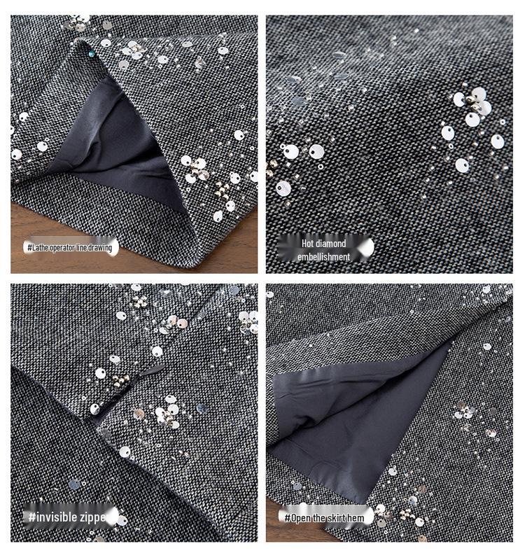 Sequined Woolen High-Waist Straight Skirt for Women