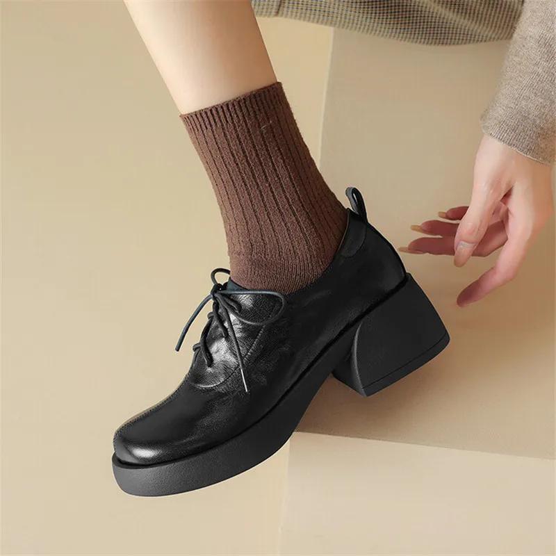 Fashion New Autumn Genuine Leather Women Loafers Round Toe Chunky Heel Lace High Heels Versatile Women Pumps Platform Shoes for Women