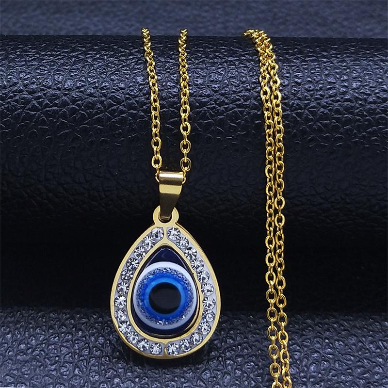 Turkish Evil Eye Necklace Stainless Steel Silver Color Blue Lucky Eyes Water Drop Necklaces Jewelry Collier Femme N8366S01