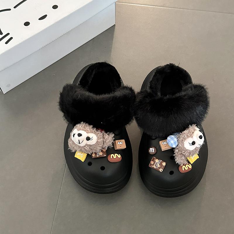 Shirley Mei Casual Hairy Two Wearing Hole Shoes Women's 2025 Autumn and Winter Cute Cartoon Thick-soled Baotou Slippers Cotton Slippers