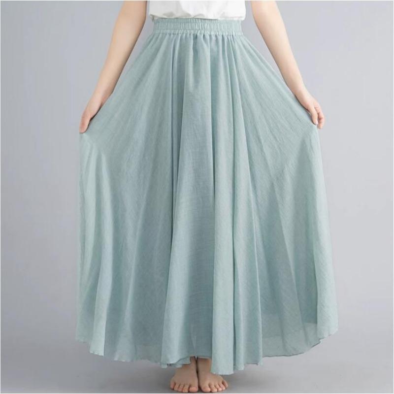 Mori Girl Artistic Plus Size Bavlněná a lněná sukně s volným pasem, lněná áčková sukně, dlouhá jednobarevná sukně v etnickém stylu, velká swingová sukně