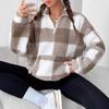 2025 Cross-Border Plaid Plush Long-Sleeve Women's Casual Sweatshirt with Pockets