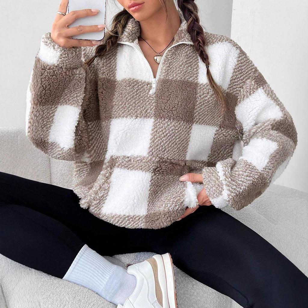 2025 Cross-Border Plaid Plush Long-Sleeve Women's Casual Sweatshirt with Pockets