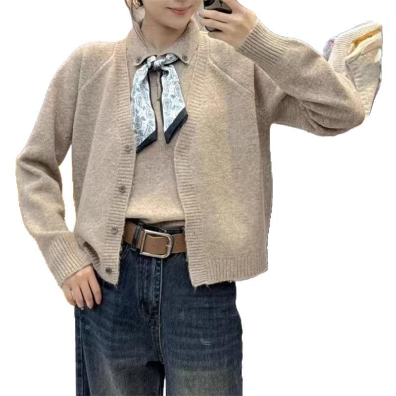 Silk Scarf Tie-up Button Lapel Pullover Knitted Cardigan Women's Autumn New Loose Age-reducing Sleeveless Vest Two-piece Set