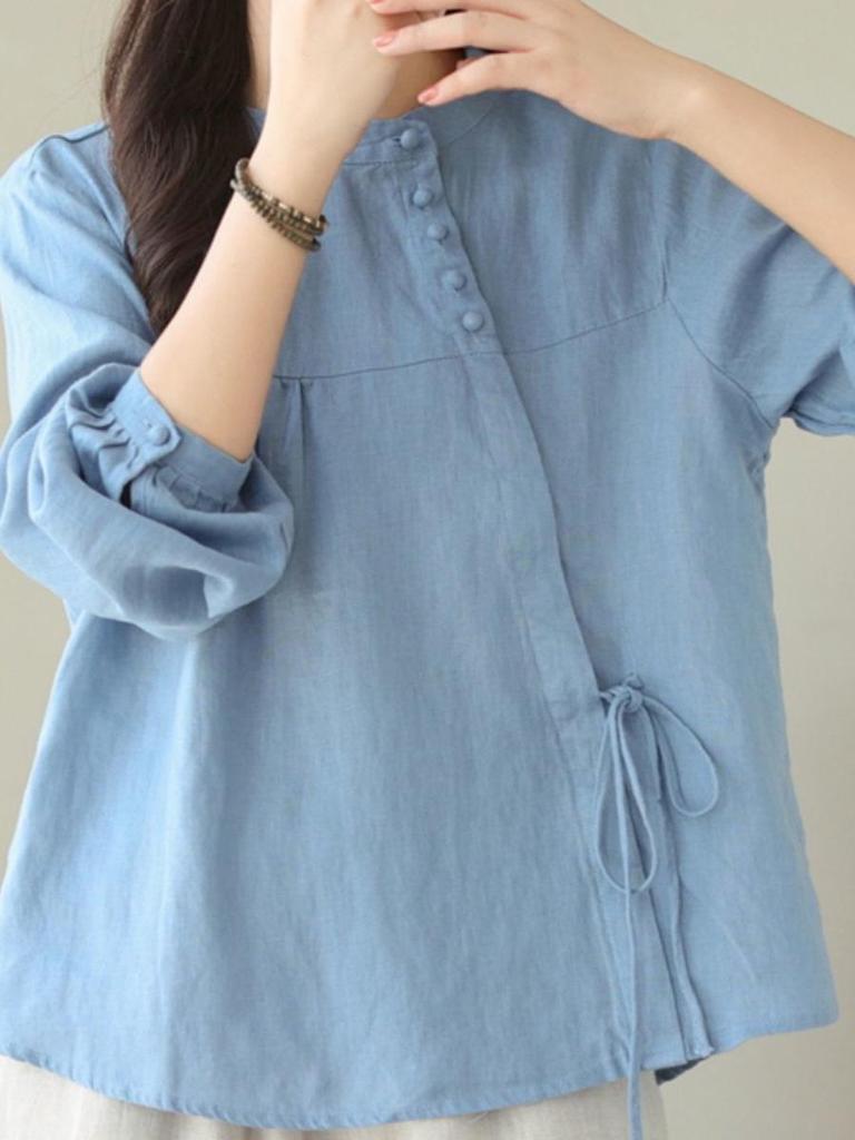 Jesienna Bawełniano-Lniana Koszulka z Długim Rękawem: Literacki, Retro, Odchudzający, Luksusowy Damski Top.